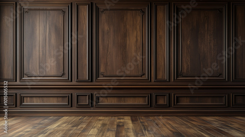 A brown wainscoting wall design, wood wall panels, a classic interior and luxurious moldings on an empty background.