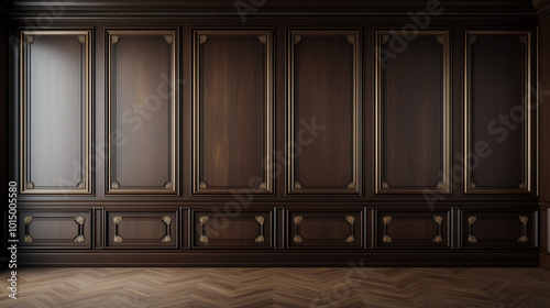 A brown wainscoting wall design, wood wall panels, a classic interior and luxurious moldings on an empty background.