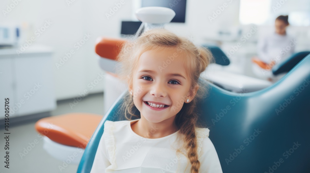 young girl is sitting in a dentist's chair with a pink headrest. She is smiling and she is enjoying her visit to the dentist young girl is sitting in a dentist's chair with a pink headrest. She is smiling and she is enjoying her visit to the dentist