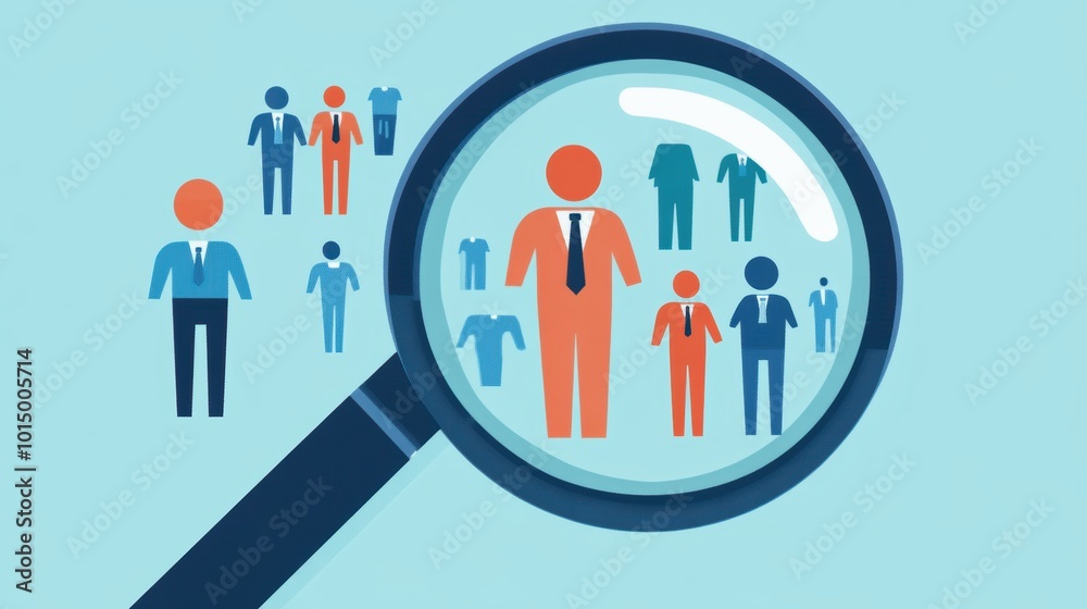 HRM or Human Resource Management, Magnifier glass focus to manager icon which is among staff icons for human development recruitment leadership and customer target. resume, interview. generate by AI HRM or Human Resource Management, Magnifier glass focus to manager icon which is among staff icons for human development recruitment leadership and customer target. resume, interview. generate by AI