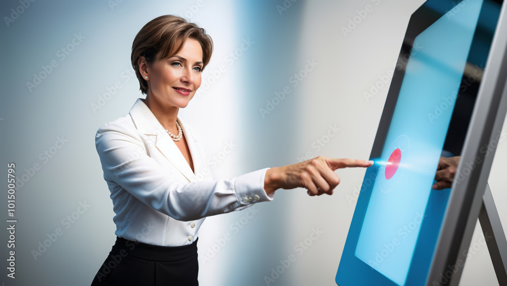 Businesswoman pointing at heart shape on touch screen display