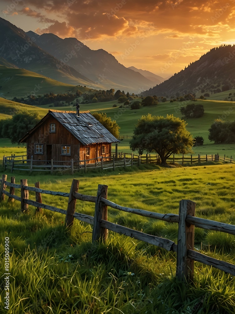 Picturesque green valley with a wooden fence and house at sunset. Picturesque green valley with a wooden fence and house at sunset.