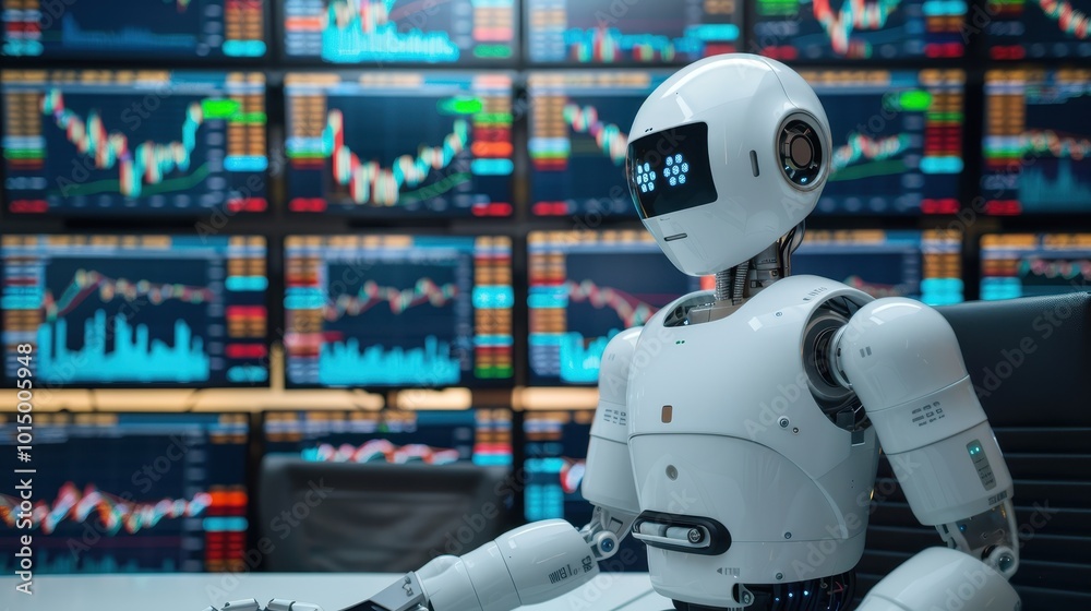 A White Robot Analyzing Stock Market Data on Multiple Screens A White Robot Analyzing Stock Market Data on Multiple Screens