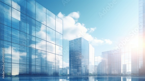 Modern office building or business center. High-rise window buildings made of glass reflect the clouds and the sunlight. empty street outside wall modernity civilization. growing up business