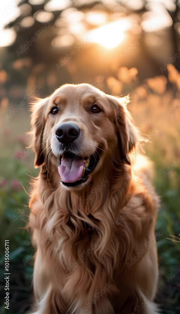 Loop of happy golden retriever in a glowing sunset field in a vertical video Loop of happy golden retriever in a glowing sunset field in a vertical video