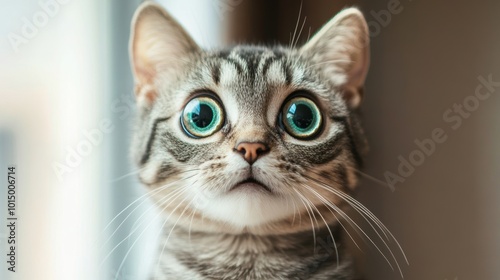 surprised cat make big eyes. American shorthair surprised cat or kitten funny face big eyes, cute, domestic, kitten, feline, Emotional surprised, kitty, wow.