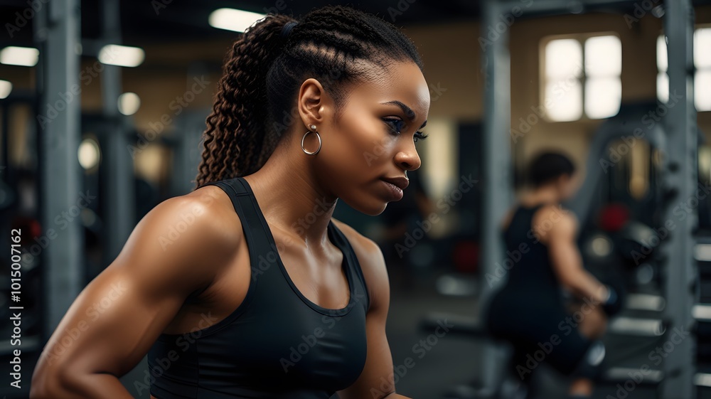Fototapeta premium Strong Fit Black Female Fitness Woman trains in the Gym