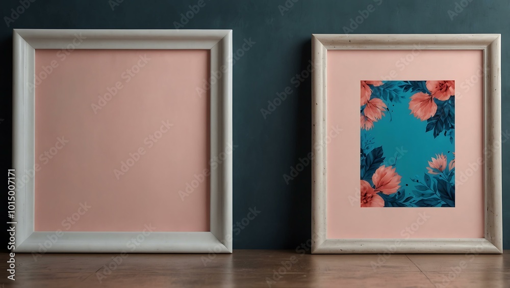 Fototapeta premium Pink and blue abstract floral mockup with an empty frame