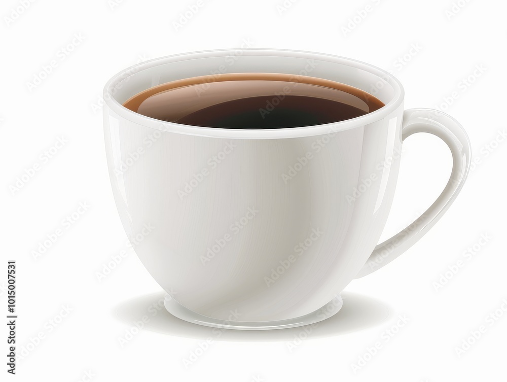 A white coffee cup with a glossy finish, filled with hot coffee on a white background A white coffee cup with a glossy finish, filled with hot coffee on a white background