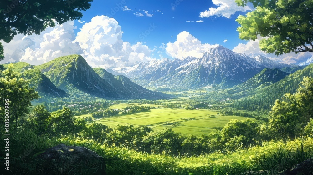Fototapeta premium Mountain landscape with green meadows and blue sky. Anime style 