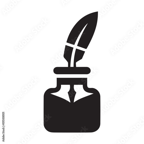 Minimalist ink pot with pen silhouette on white background. Quill pen icon vector illustration.