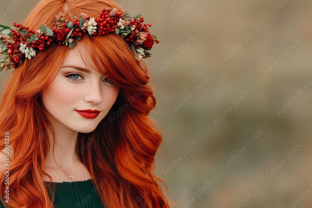 Portrait of a Young Woman with Red Hair and Floral Crown in Nature Setting Portrait of a Young Woman with Red Hair and Floral Crown in Nature Setting