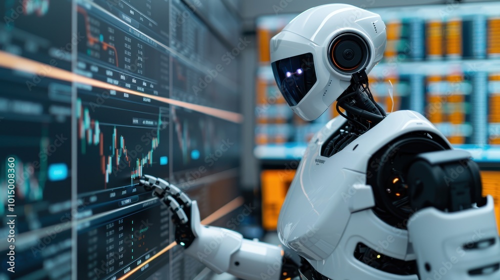 A White Robot Analyzing Stock Market Data on a Computer Screen A White Robot Analyzing Stock Market Data on a Computer Screen