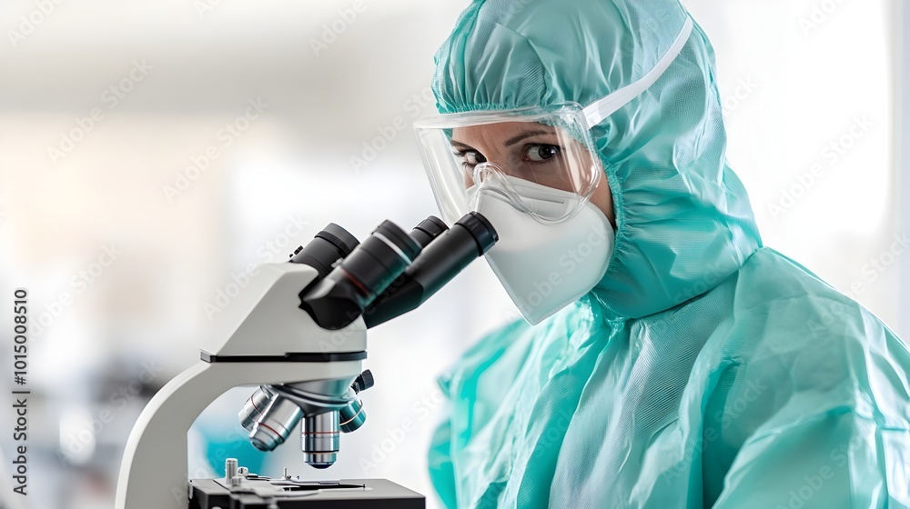 Microbiologist in full protective suit closely examining a microscopic specimen in a laboratory setting engaged in scientific research and analysis Microbiologist in full protective suit closely examining a microscopic specimen in a laboratory setting engaged in scientific research and analysis