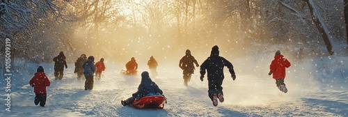 Photo of a group running and playing in the snow, with children on sleds behind them.