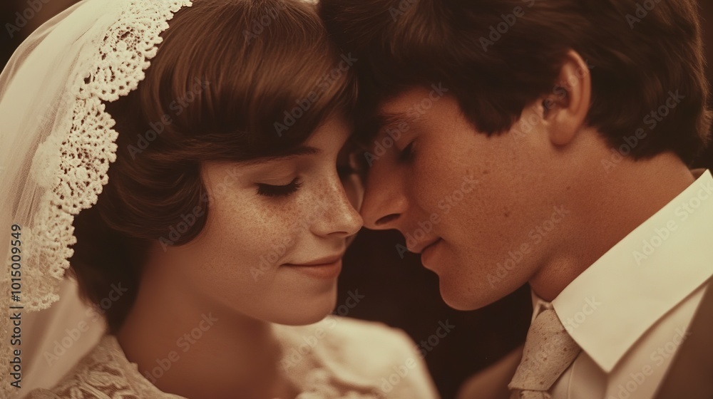 Close-up shot of a retro wedding photo from the 1970s capturing the tender embrace between a young bride and her partner Close-up shot of a retro wedding photo from the 1970s capturing the tender embrace between a young bride and her partner