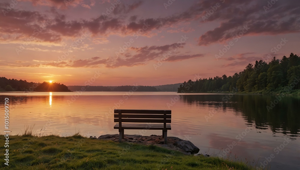 Pink sunset landscape with a lakeside bench Pink sunset landscape with a lakeside bench