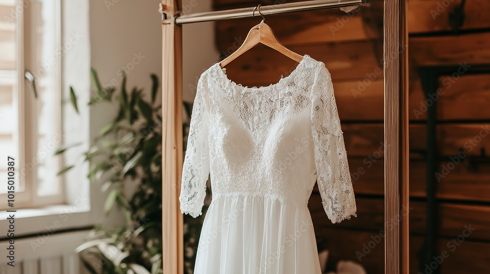 white wedding dress hanging on a rack, waiting for a bride-to-be to choose it white wedding dress hanging on a rack, waiting for a bride-to-be to choose it