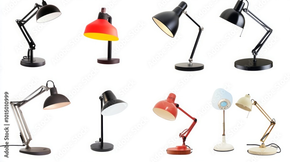 A stylish collection of desk lamps isolated on a transparent or white background, showcasing a variety of modern designs and styles. This visually striking display highlights the elegance and function A stylish collection of desk lamps isolated on a transparent or white background, showcasing a variety of modern designs and styles. This visually striking display highlights the elegance and function