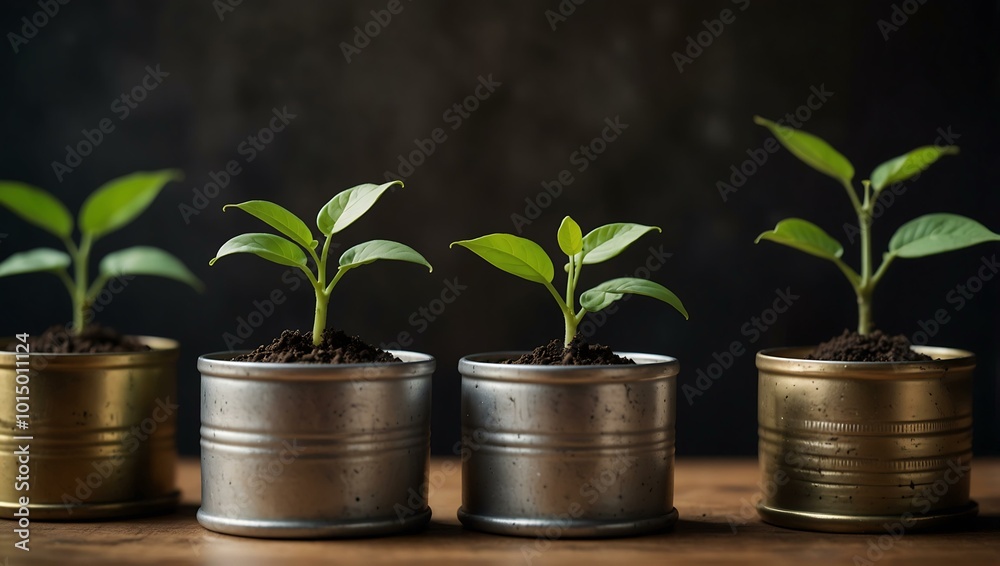 Plants growing in coin containers symbolizing financial growth.
