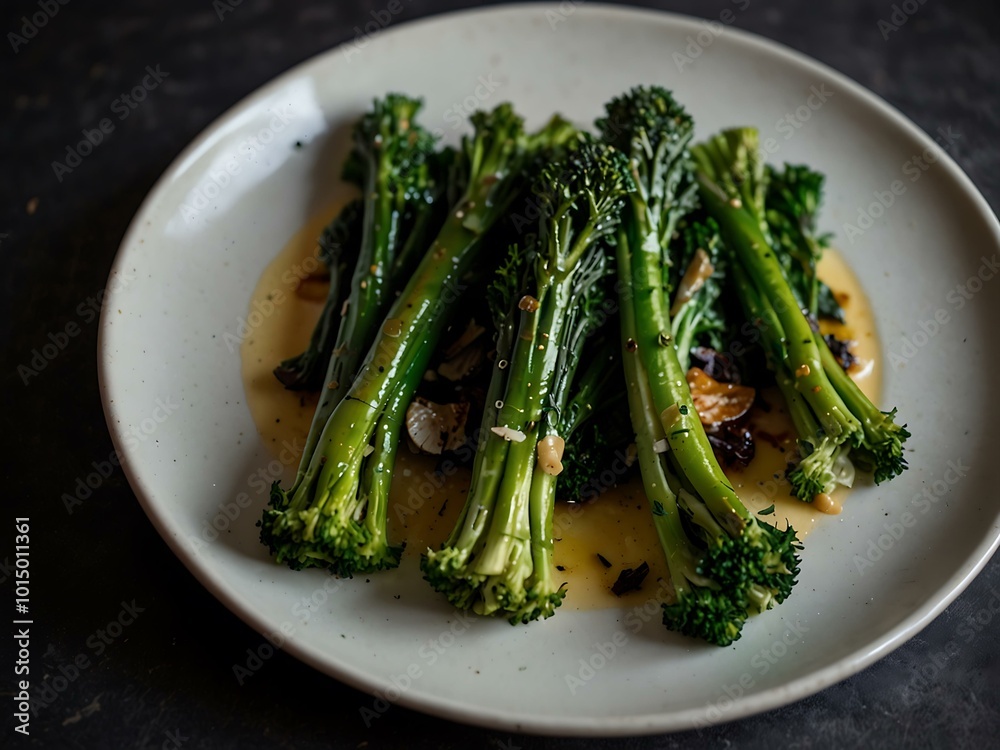 Plated roasted broccolini with garlic and cheese against a dark background. Plated roasted broccolini with garlic and cheese against a dark background.