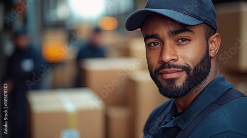 A smiling worker in a warehouse surrounded by cardboard boxes.