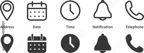 Contact us signs. Location and contact icons. Calendar and time. Simple symbols. Vector illustration. EPS 10