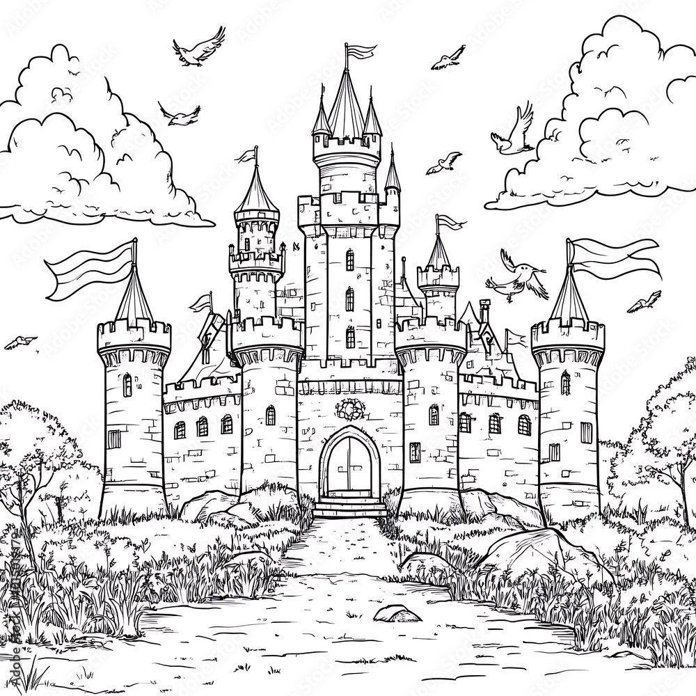 Fototapeta premium Simple Castle Surrounded by Moat and Flags