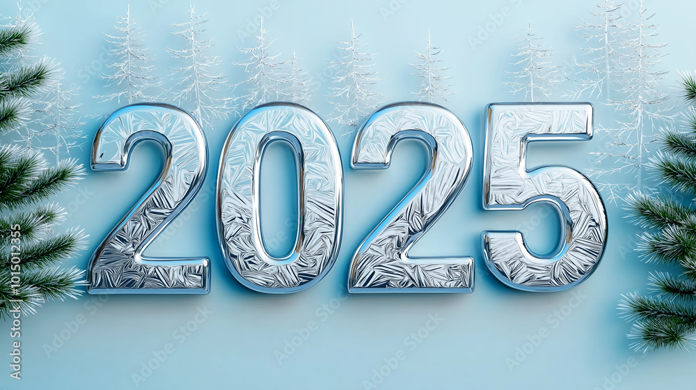 Frosted 2025 date amidst winter trees and pine branches
