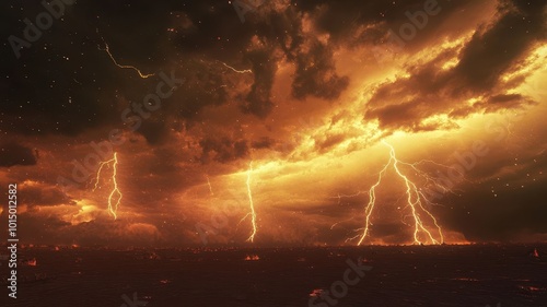 A dramatic lightning storm electrifies the sky, casting an eerie, fiery glow over the dark, burning landscape below. photo