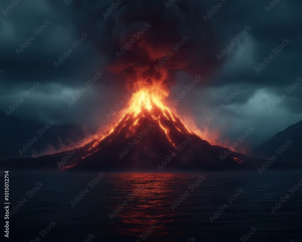 A dramatic volcanic eruption with lava streaming down the mountain and into the ocean, under a dark stormy sky. A dramatic volcanic eruption with lava streaming down the mountain and into the ocean, under a dark stormy sky.