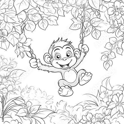 Playful Monkey Swinging Through Vines in Jungle Scene