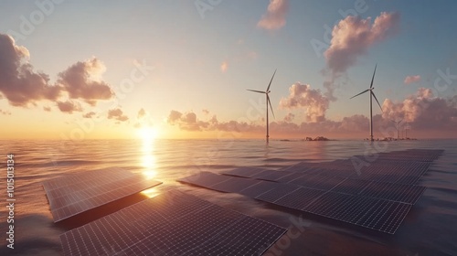 Solar panels and wind turbines generating renewable energy on the horizon.