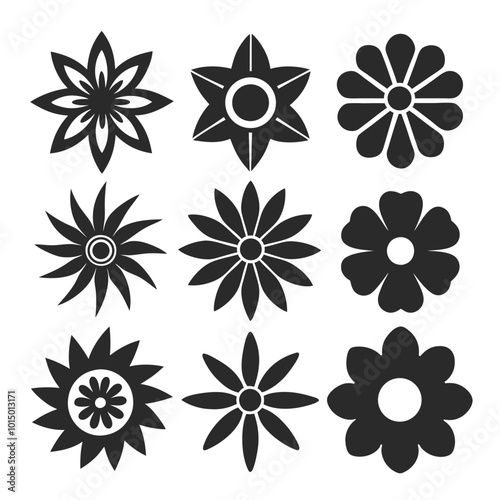 Set of floral vector icons in solid black silhouette style with geometric shapes and clean edges.
Geometric floral silhouette icons with bold petals, ideal for decorative elements and pattern designs
