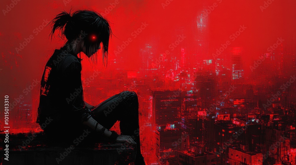 Fototapeta premium A lamprey-tailed punk character sitting on the edge of a rooftop, looking over a bustling neon-lit city