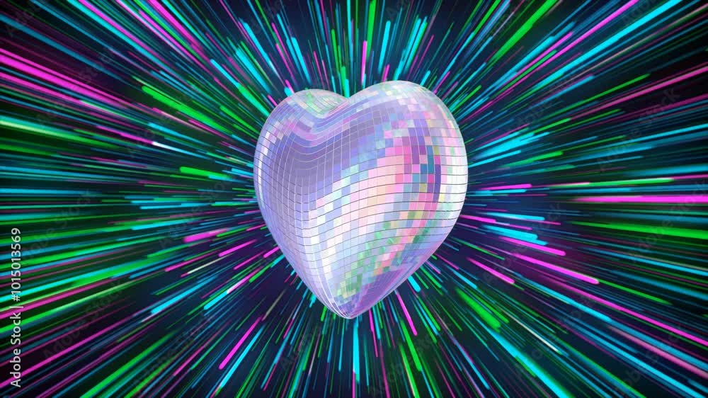 Seamless looping 3D animation of colorful disco heart with glowing laser beams in the background.