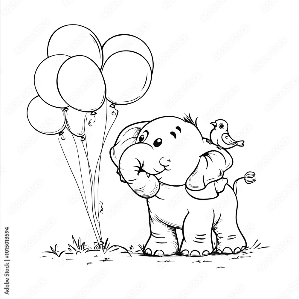 Cheerful Elephant with Bird and Balloons for colouring book