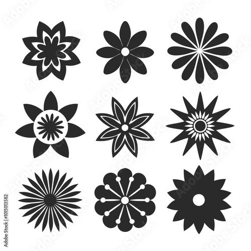 Set of floral vector icons in solid black silhouette style with geometric shapes and clean edges. Geometric floral silhouette icons with bold petals, ideal for decorative elements and pattern designs