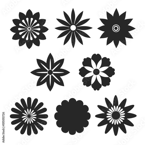 Set of floral vector icons in solid black silhouette style with geometric shapes and clean edges.
Geometric floral silhouette icons with bold petals, ideal for decorative elements and pattern designs