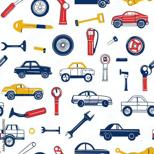 Seamless background image of car repair drawn as cute cartoon icons of various tools on a white background.