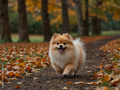 Pomeranian running joyfully through autumn leaves.