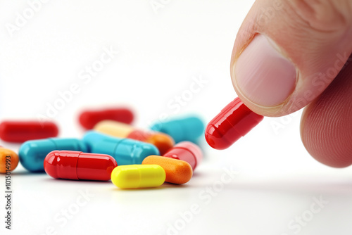 A hand holding a variety of pills and capsules in a close-up view for pharmaceutical and healthcare themes photo