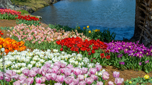 Tulip Flowers of Various Colors along the Big Lake in City Park, New Orleans, LA, USA photo