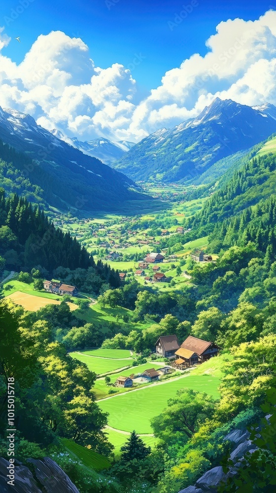 Fototapeta premium Mountain landscape with green meadows and blue sky. Anime style