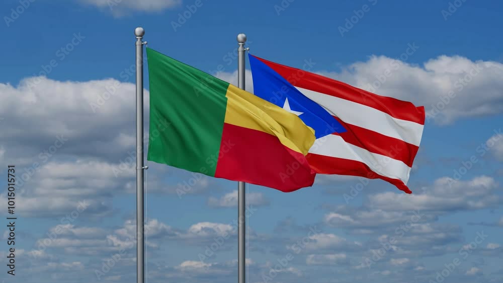 Puerto Rico and Benin flags flying together, video concept of the relationship, two country cooperation concept Puerto Rico and Benin flags flying together, video concept of the relationship, two country cooperation concept