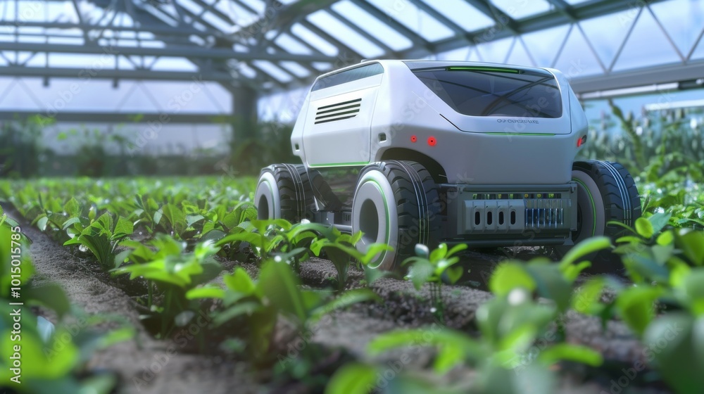 Autonomous robot tending to crops in a futuristic farm Autonomous robot tending to crops in a futuristic farm