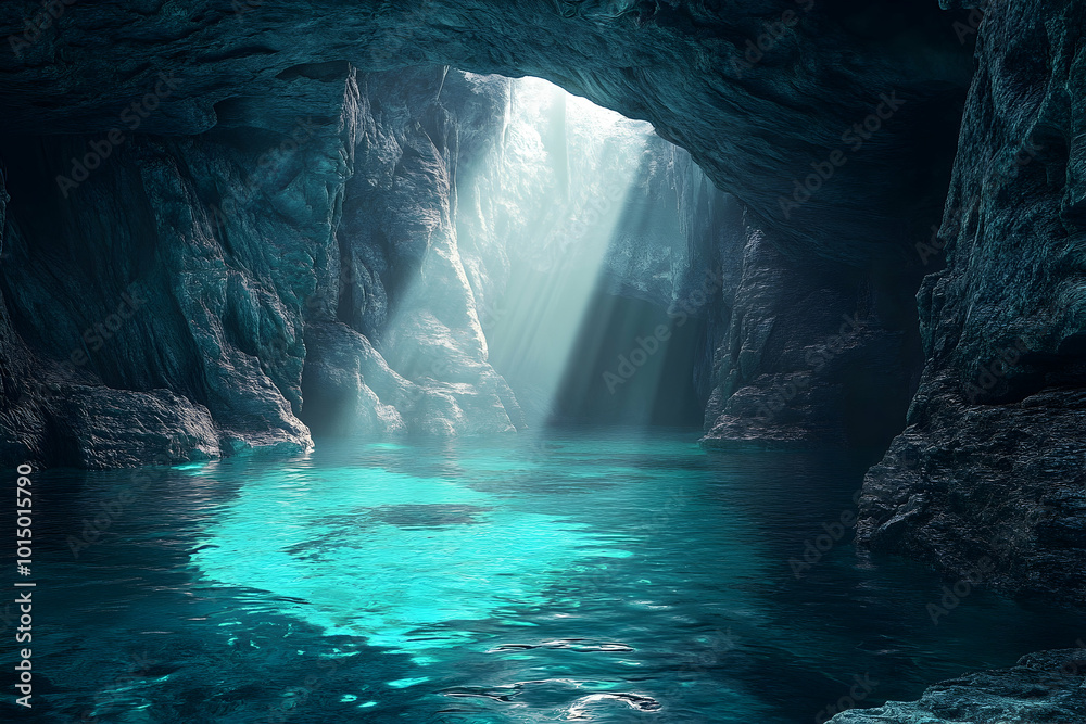 Light Beams Through Cave Entrance Over Teal Water - 3D Illustration Light Beams Through Cave Entrance Over Teal Water - 3D Illustration