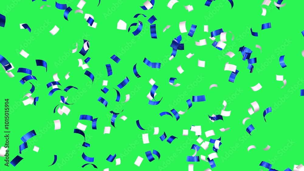 Blue and white glossy confetti falling on green screen background. Festive effects. 3D animation. Blue and white glossy confetti falling on green screen background. Festive effects. 3D animation.