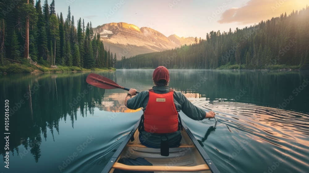 Canoeist paddling through a calm lake Canoeist paddling through a calm lake