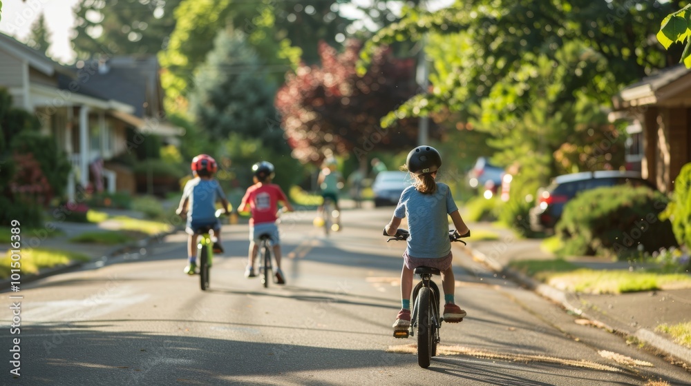 Fototapeta premium Children riding bikes on a suburban street